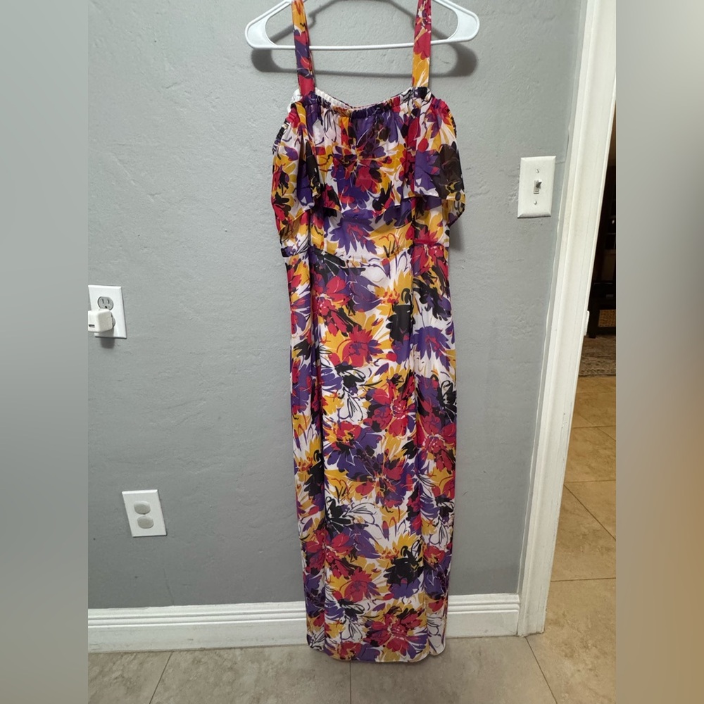 Nine West Floral Ruffle Maxi Dress in Purple, Yellow & Pink